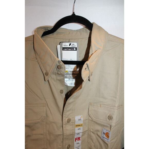 Carhartt Men's Flame Resistant Twill Button-Down Long Sleeve‎ T-Shirt Khaki - Picture 4 of 5